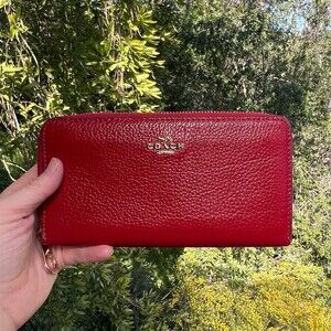 COACH Long Zip-Around Wallet RED Pebble Leather w Gold Hardware AUTHENTIC